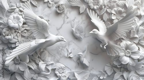 3D carved from marble birds , with flowers and leaves on the background photo