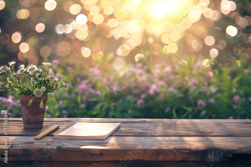 Empty wooden table with notebook, pencils, and flowers on bokeh background