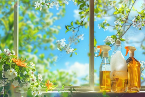 View of blooming meadow and clean window with cleaning products against blue sky