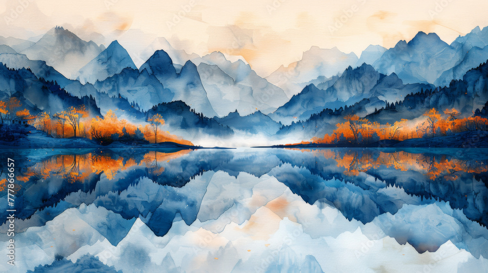 Landscape watercolor art background with mountains and hills on the sea or lake in blue and gold colors. Vector banner in a minimalistic style for decoration, print, wallpaper, interior design.