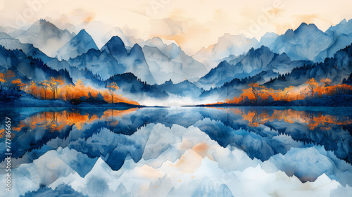 Landscape watercolor art background with mountains and hills on the sea or lake in blue and gold colors. Vector banner in a minimalistic style for decoration, print, wallpaper, interior design. #777866657