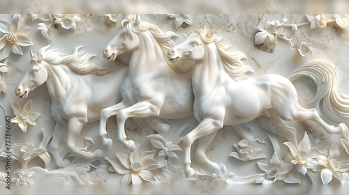 3D carved from marble horses running, with flowers and leaves on the background