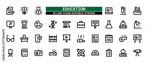 36 Education Line Icons Set Pack Editable Stroke Vector Illustration.	