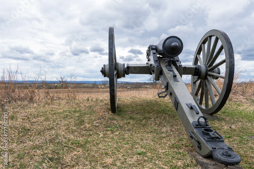 A civil war cannon in the Gettysburg National Military Park on in overcast winter day