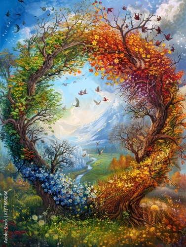 Vibrant fantasy trees forming a heart shape - A dreamy depiction of two vibrant trees in a fairytale landscape creating a heart-shaped space with a clear, blue sky, This artwork exudes a sense of magi © Tida