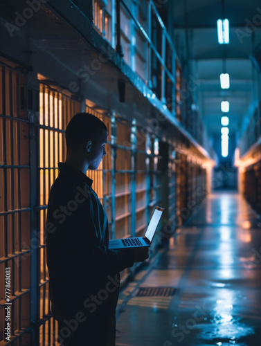 Tech professional working in a prison hallway - A focused tech professional works on a laptop in a dimly lit prison hallway