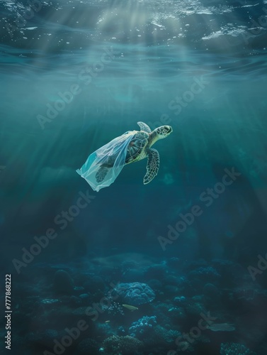 Turtle entangled in plastic underwater - A poignant image of a sea turtle entangled in a transparent plastic sheet, highlighting marine pollution © Tida