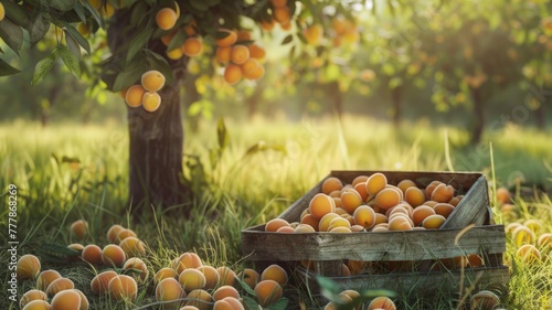 Peach orchard with ripe fruits - A serene peach orchard with a basket of freshly harvested fruits bathed in warm sunlight photo