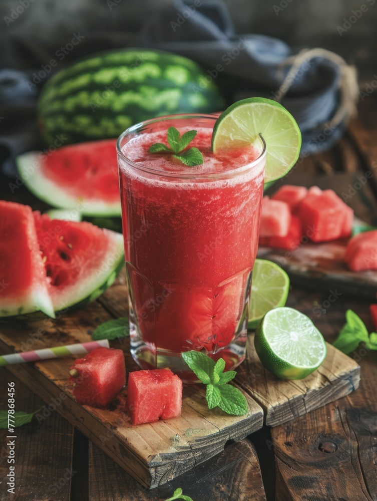 Sumptuous watermelon juice with mint leaf - A tall glass of watermelon juice with mint leaves, next to diced watermelon chunks and a halved lime on a dark background Sumptuous watermelon juice with mint leaf - A tall glass of watermelon juice with mint leaves, next to diced watermelon chunks and a halved lime on a dark background