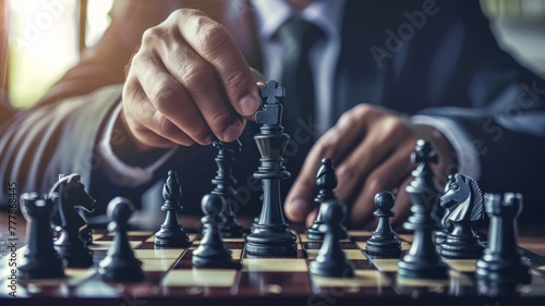 Businessman hand moving chess piece - A thoughtful businessman playing chess, symbolizing strategic thinking and business planning