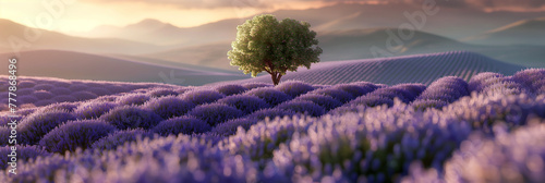 Green tree in the middle of Lavender flowers farmer hill in misty morning