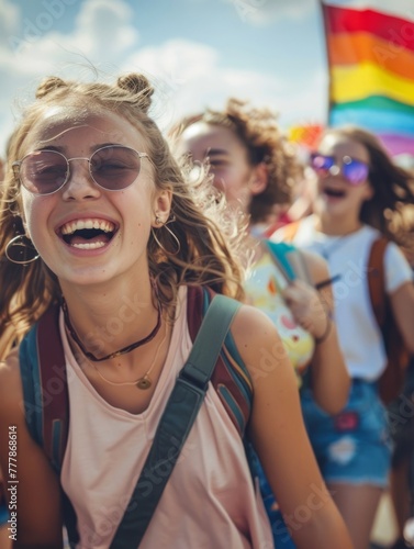 Laughing girl enjoying a festival with friends - A young woman laughs joyfully with her friends against a backdrop of a colorful pride festival