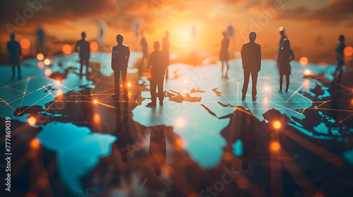 Business network concept with business people silhouettes standing on the world map and connecting in the style of glowing connections