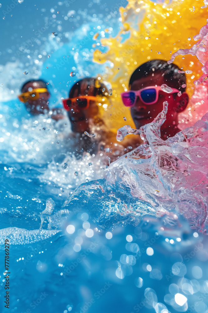 A vibrant close-up capturing three people wearing sunglasses amidst a dynamic splash of water, conveying the joy of summer.