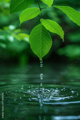 A single droplet falls from a leaf  creating ripples on the water s surface  a serene symphony of nature