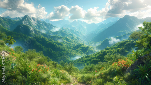 Large number of mountains  vast landscapes touching the horizons  skies and dense lush forest.