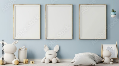 Mock up frame in unisex children room interior background, 3D render. Background for business photo