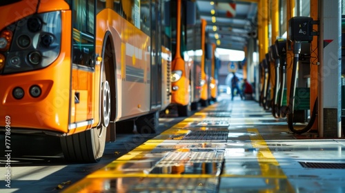 A bus depot with a designated Biofuel Fueling area where workers fill up the buses with the renewable and sustainable energy source. .