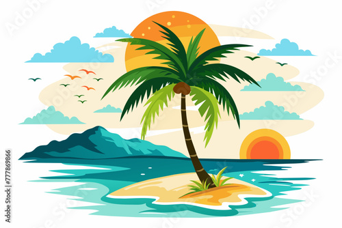 Fototapeta Naklejka Na Ścianę i Meble -  beach palm-sun-watercolor-white-background vector 