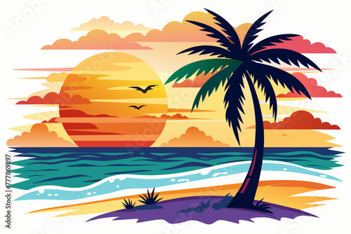 beach palm-sun-watercolor-white-background vector 