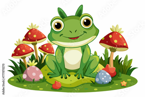 happy-frog-cartoon-sitting-on-mushrooms vector illustration 