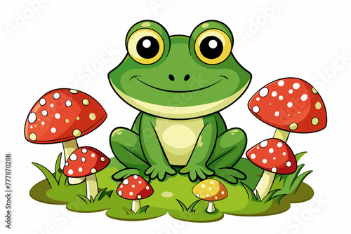 happy-frog-cartoon-sitting-on-mushrooms vector illustration 