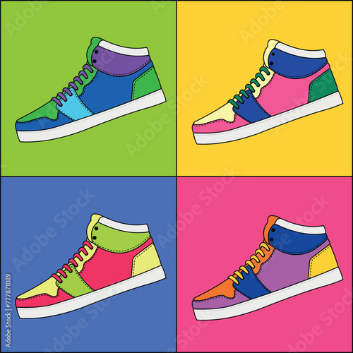 Illustration of multi-colored sneakers on different backgrounds in retro style.