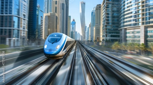 Highspeed trains zooming between towering buildings running solely on electricity generated by renewable sources. . photo