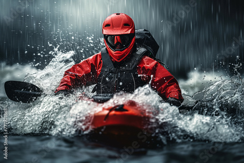 A kayaker in vibrant red gear bravely navigates the tumultuous whitewater rapids under a heavy downpour