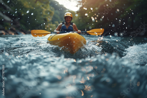 A content female kayaker in a yellow kayak enjoys a leisurely paddle down a swift and turbulent river, water droplets glistening around © SnapVault