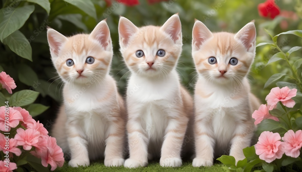 Three cute kittens in flower garden. Three cute kittens in flower garden.