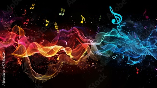 Energetic music waves with neon notes - Dynamic abstract design featuring waves and neon music notes that suggest movement and euphoria Ideal for themes of music and celebration