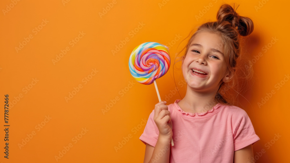 Happy girl holding a colorful lollipop on orange - Joyful young girl with a big colorful lollipop on a vibrant orange background, with space for text