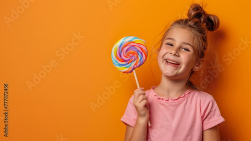 Happy girl holding a colorful lollipop on orange - Joyful young girl with a big colorful lollipop on a vibrant orange background, with space for text