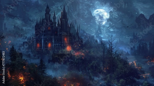A haunting castle under a full moon  surrounded by an eerie forest and mist  evokes a sense of mystery and fantasy. 