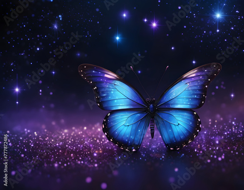  In a mystical display of beauty, a radiant purple butterfly flutters gracefully against a backdrop of deep purple galaxies, casting a spellbinding aura of enchantment and wonder. © vian