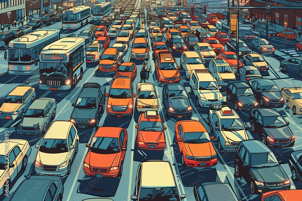 Obraz premium A cluster of cars is stuck in gridlocked traffic on the street. Generative AI