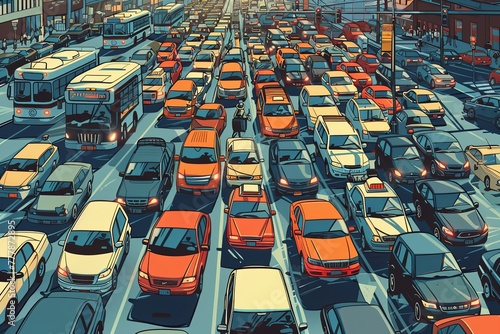 A cluster of cars is stuck in gridlocked traffic on the street. Generative AI