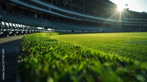 Green grass field in soccer stadium with sunlight and lens flare effect.