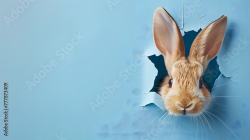 Rabbit head peeking through hole in paper background with copy space for Easter Day concept banner, Cute bunny breaking wall with torn edges 
