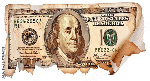 A torn dollar bill with a face on it, cut out - stock png. photo