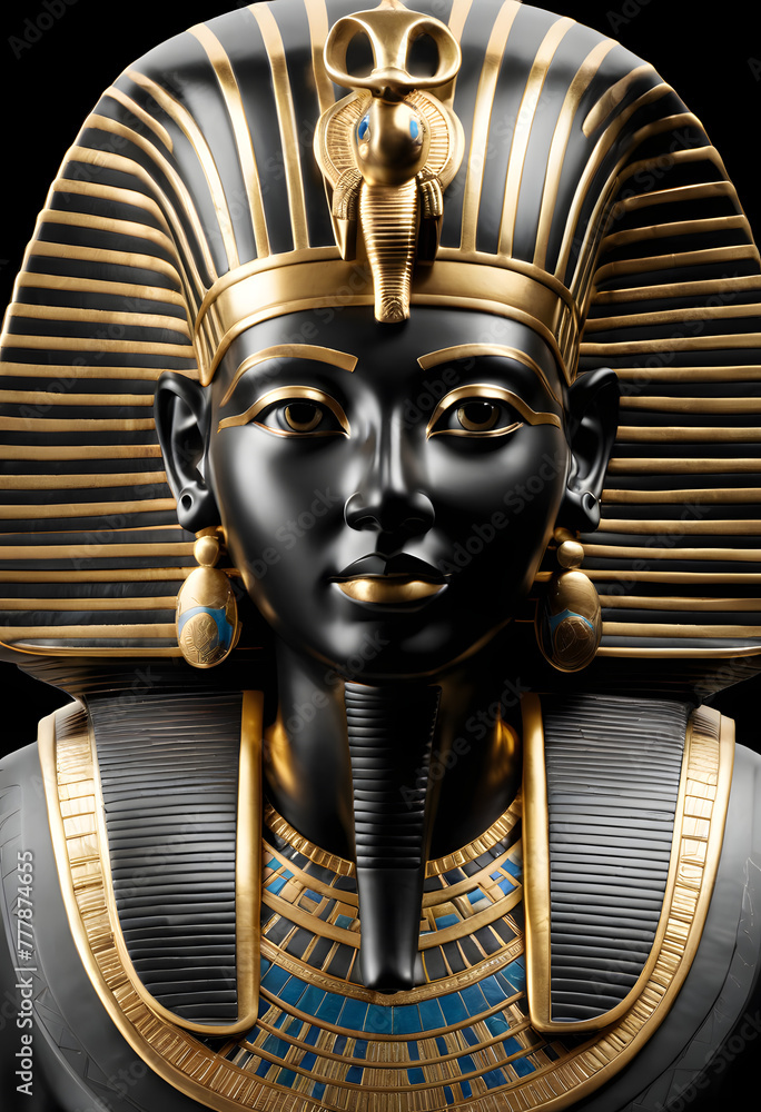 Obraz premium inspiring scene unfolds in the dimly lit confines of an ancient Egyptian temple, where a majestic gold statue of a Pharaoh stands tall, exuding regal splendor and timeless power