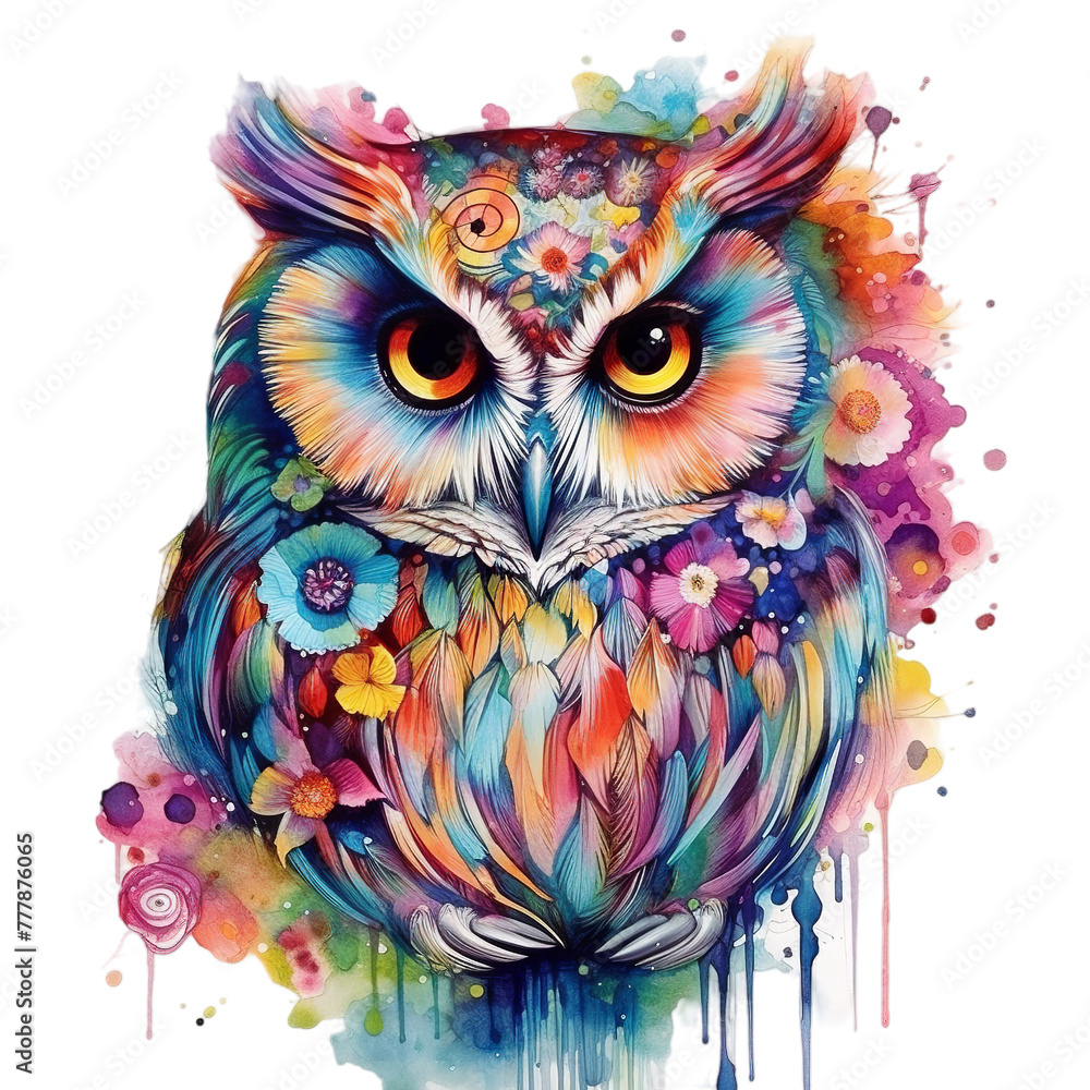 beautiful colorful owl art watercolour, Isolated on transparent PNG background, Generative ai