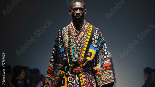 A striking black man dressed in an elaborate and elaborate handcrafted African print robe takes center stage on the runway. His fierce and confident demeanor exudes the spirit of sartorialism .