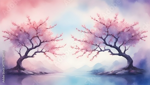 a fantasy shield of peach blossom trees, purple, blue and pink tones water color styled