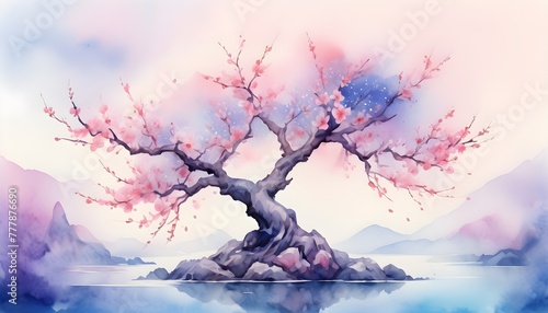 a fantasy shield of peach blossom trees, purple, blue and pink tones water color styled