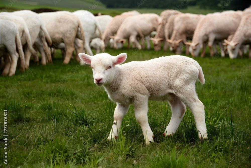 Adorable lamb peacefully grazes amidst green meadow and flock Adorable lamb peacefully grazes amidst green meadow and flock