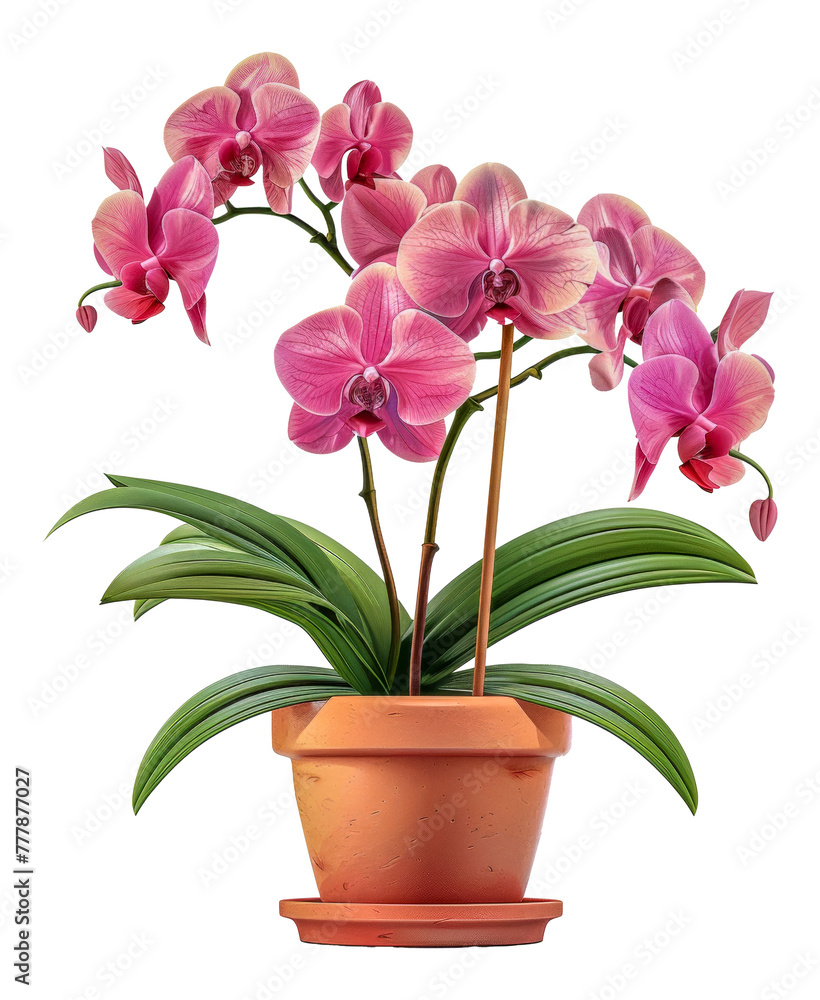 A pink orchid plant in a red pot, cut out - stock png.