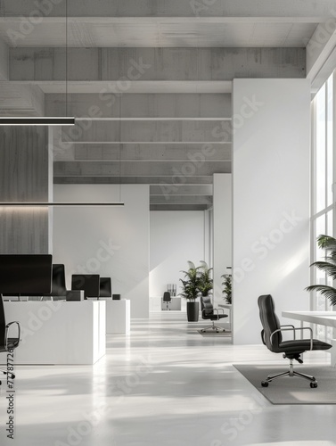 Sophisticated office space with concrete accents - This image showcases an elegant office with a modern design featuring concrete ceilings and white interiors photo