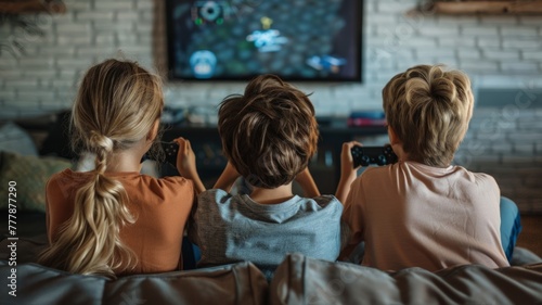 Kids playing video games on a couch - Three kids engaged in an intense video gaming session in a cozy living room, showcasing modern entertainment